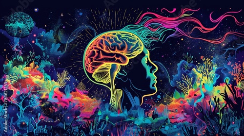 Psychedelic mind silhouette, colorful typography garden, neon brainwaves flow