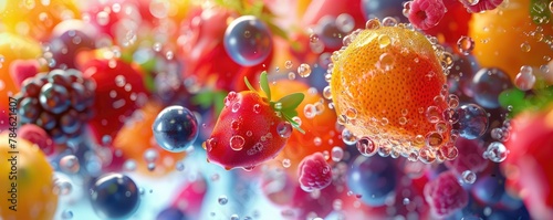 A colorful ensemble of berries and citrus fruit appears to dance amidst effervescent bubbles, creating a vibrant, almost underwater-like fantasy. 
