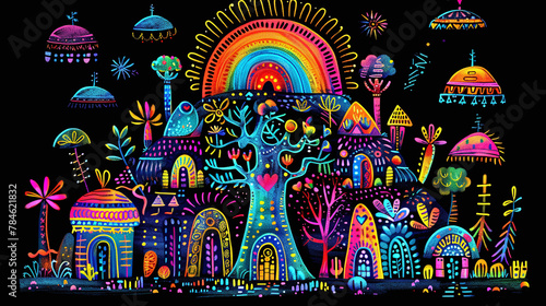 psychedelic colorful illustration of mountain or pyramid in ancient traditional mexican art style, mayan paintings photo