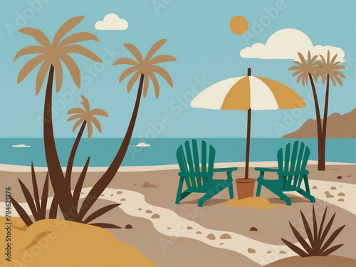 Retro Style Beach Illustration with Umbrella and Adirondack Chairs.