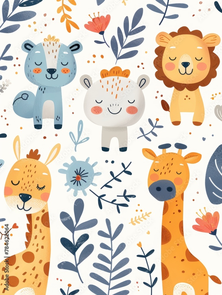 A colorful drawing of animals, including giraffes, lions, and zebras, with a leafy background A colorful drawing of animals, including giraffes, lions, and zebras, with a leafy background