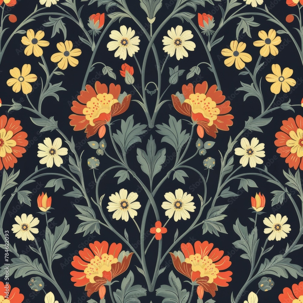 A floral patterned wallpaper with a blue background. The flowers are yellow and orange. The wallpaper has a vintage feel to it A floral patterned wallpaper with a blue background. The flowers are yellow and orange. The wallpaper has a vintage feel to it