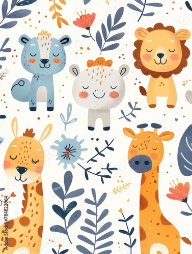 A colorful drawing of animals  including giraffes  lions  and zebras  with a leafy background