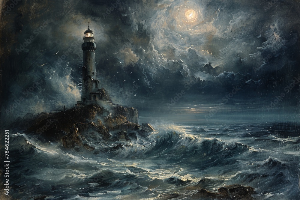 A painting of a lighthouse on a rocky shore with a stormy sea. The mood of the painting is dark and ominous, with the waves crashing against the rocks