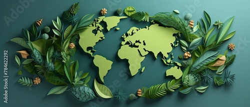 Fototapeta Naklejka Na Ścianę i Meble -  Realistic globe with green leaves, 3D paper cut style, minimalist eco-friendly concept,