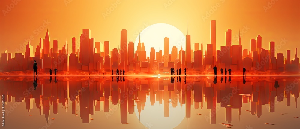 Paper-cut style depiction of a heatwave affecting a city, 3D minimalist render, super blurred urban background,