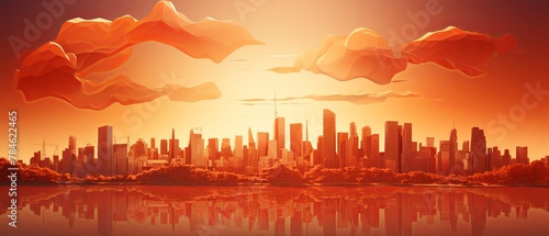 Paper-cut style depiction of a heatwave affecting a city, 3D minimalist render, super blurred urban background, © FoxGrafy