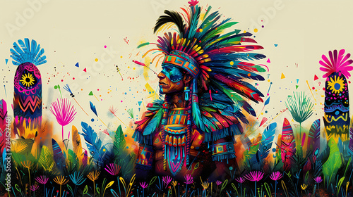 colorful illustration of mayan warrior with feathers, ancestral mexican culture, tribal