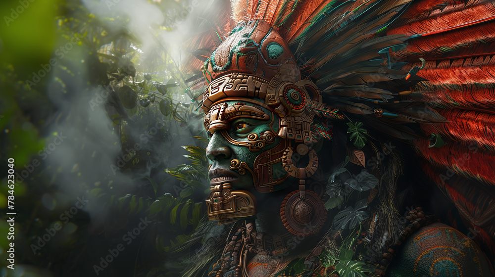 illustration of side view face of ancestral mayan warrior with feathers, in the deep jungle, tribal mexican culture