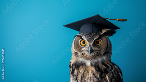 Majestic owl exudes intelligence in graduation cap against calming blue background. Perfect for conveying educational and graduation concepts