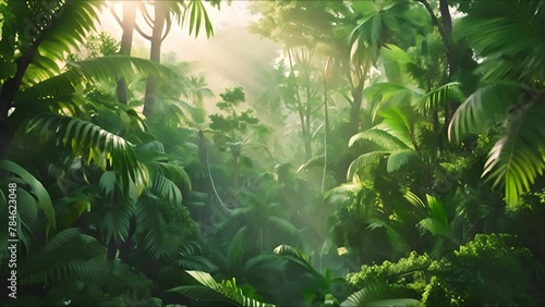 Panoramic view of beautiful rainforest. Beautiful sky, mountains and jungle. Aerial view. Prehistoric earth. Ai-generated. photo