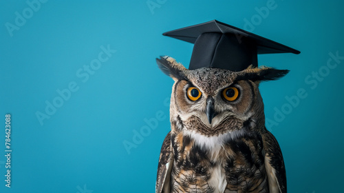 Regal owl in graduation cap showcases academic achievement against serene blue backdrop. Graduation and education themes