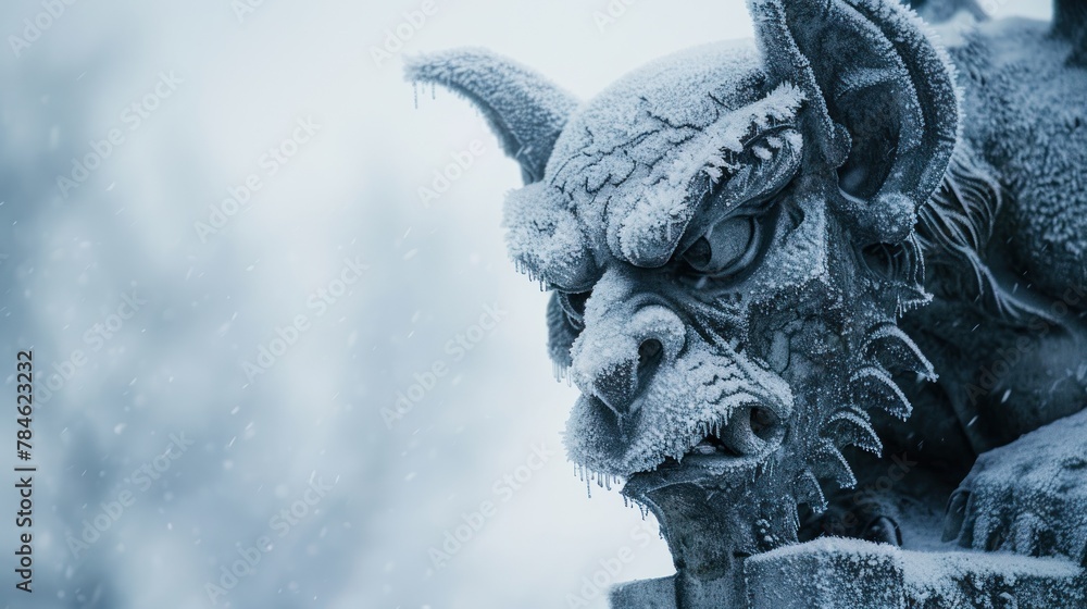 A detailed close-up of a frosty gargoyle statue, perfect for emphasizing the harshness of winter in an environmental awareness campaign or a dark fantasy setting.