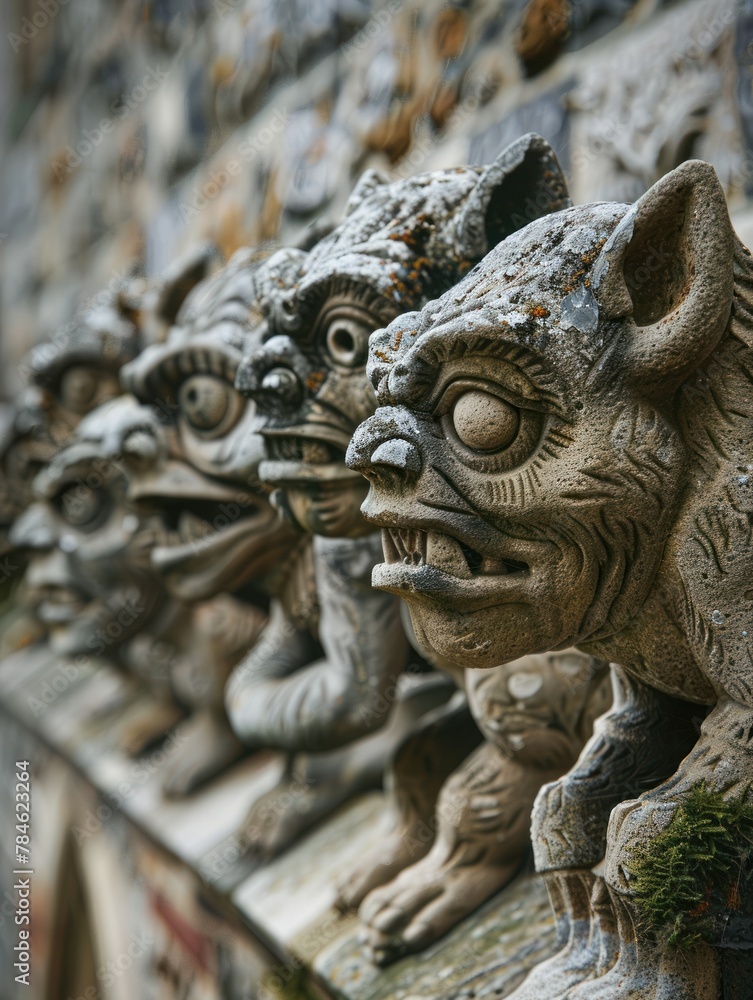 A row of stone gargoyles with expressive faces on a building, perfect for historical architecture articles or gothic design inspiration.