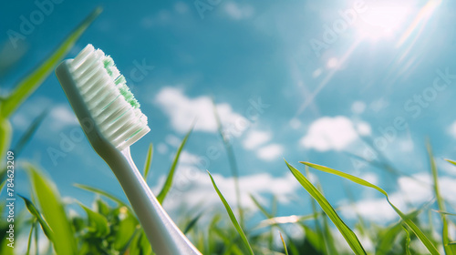 Eco-friendly dental care concept with toothbrush in green grass under sunny sky. Ideal for promoting sustainable living and organic products.