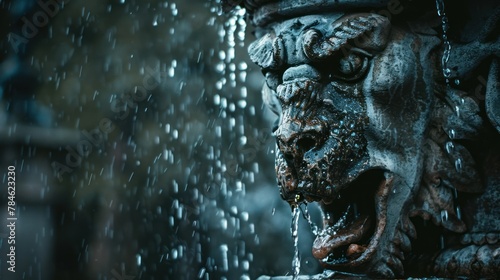 A close-up of a gargoyle's snarling face with water streaming, ideal for gothic art showcases or horror-themed game graphics. photo