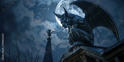A gargoyle perched atop a building with the full moon behind, an ideal image for a book cover or a thematic Halloween event poster.