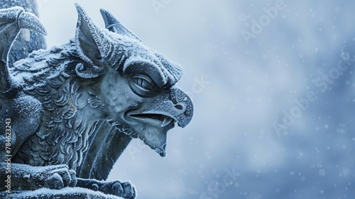 A gargoyle statue dusted with snow, staring into the distance, ideal for creating an enigmatic ambiance in a fantasy game or a chilling mystery novel cover.