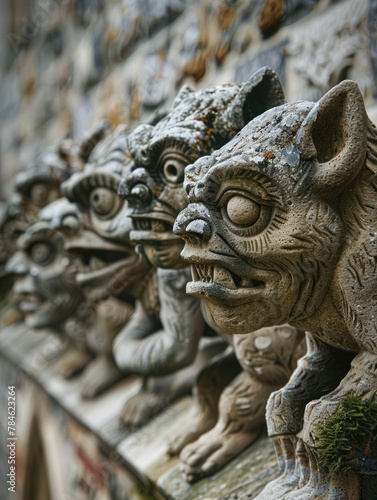 A row of stone gargoyles with expressive faces on a building  perfect for historical architecture articles or gothic design inspiration.