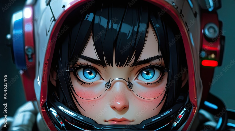 Close-up of a person, a girl, wearing a protective helmet outdoors. anime illustration. Generative AI