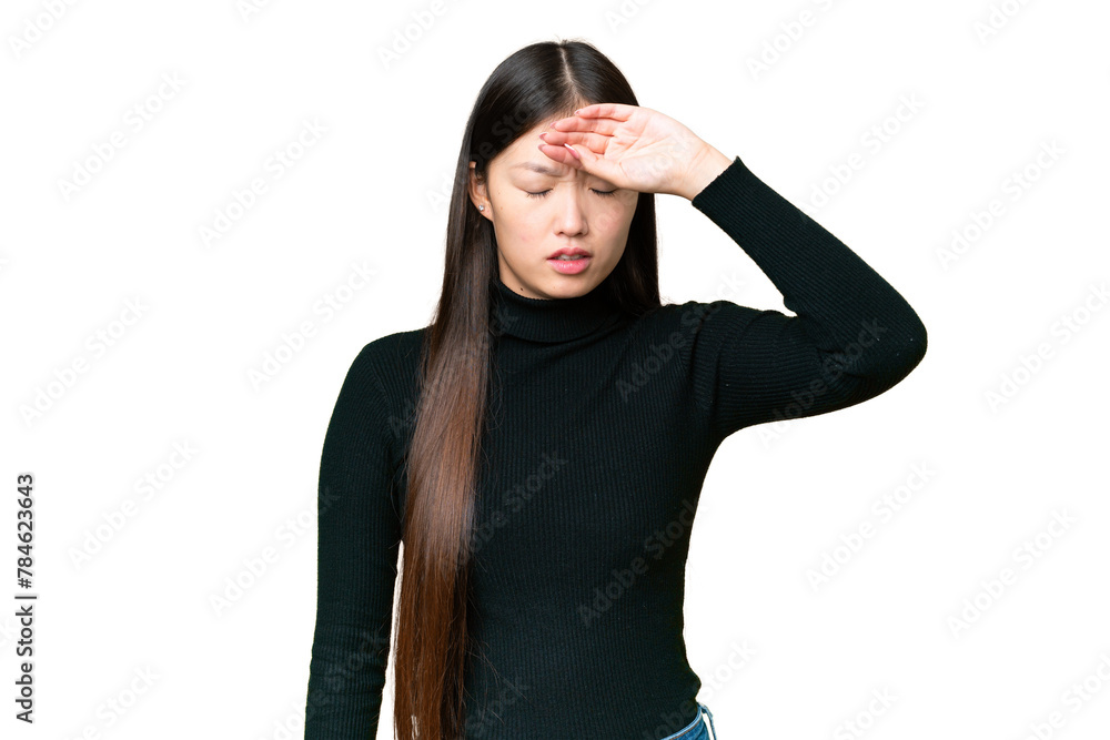 Young Asian woman over isolated chroma key background with tired and sick expression Young Asian woman over isolated chroma key background with tired and sick expression