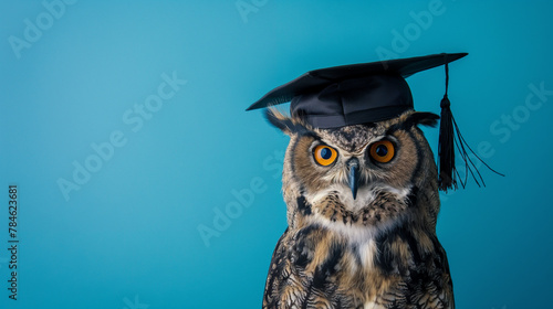 Wise owl in graduation cap exudes pride and scholarly charm against blue background. Education and graduation concepts photo