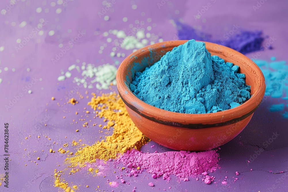 Vivid holi powder in a clay bowl with text space against a purple backdrop, Generative AI. Vivid holi powder in a clay bowl with text space against a purple backdrop, Generative AI.
