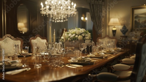 An elegant dining room with a polished wooden table, upholstered chairs, and a sparkling chandelier, set for an intimate dinner party with fine china and crystal glassware