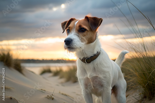 Beach sunset with Jack Russell Terrier, copy space