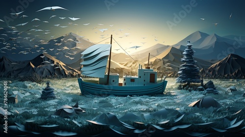 Realistic paper-cut depiction of overfishing, minimalist 3D style, blurred ocean background,