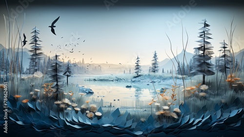 Realistic paper-cut depiction of vanishing wetlands, minimalist style, super blurred aquatic landscape background,