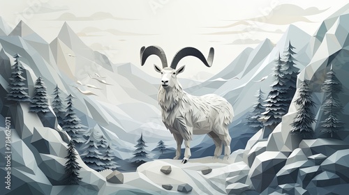 Realistic paper-cut illustration of a mountain goat on rocky terrain, minimalist 3D style,
