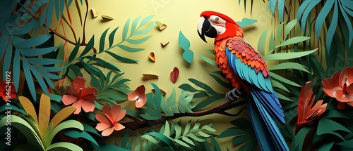 Realistic paper-cut illustration of a parrot in a lush rainforest, minimalist 3D style, © FoxGrafy