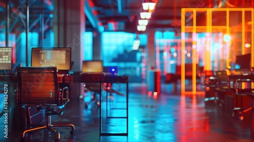 Tech workspace for developers to code. Workspace for programmers. Futuristic office