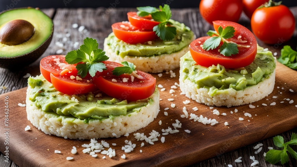 Rice cakes decorated with a homogeneous mass of mashed avocado