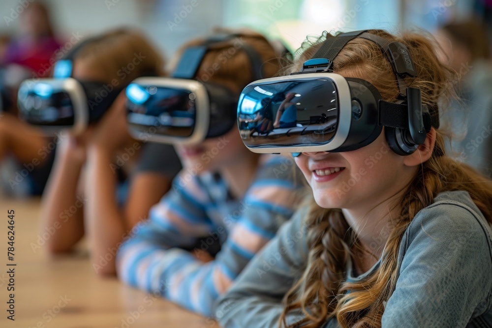 A smart educational setting with a young girl deeply immersed in a virtual reality experience A smart educational setting with a young girl deeply immersed in a virtual reality experience