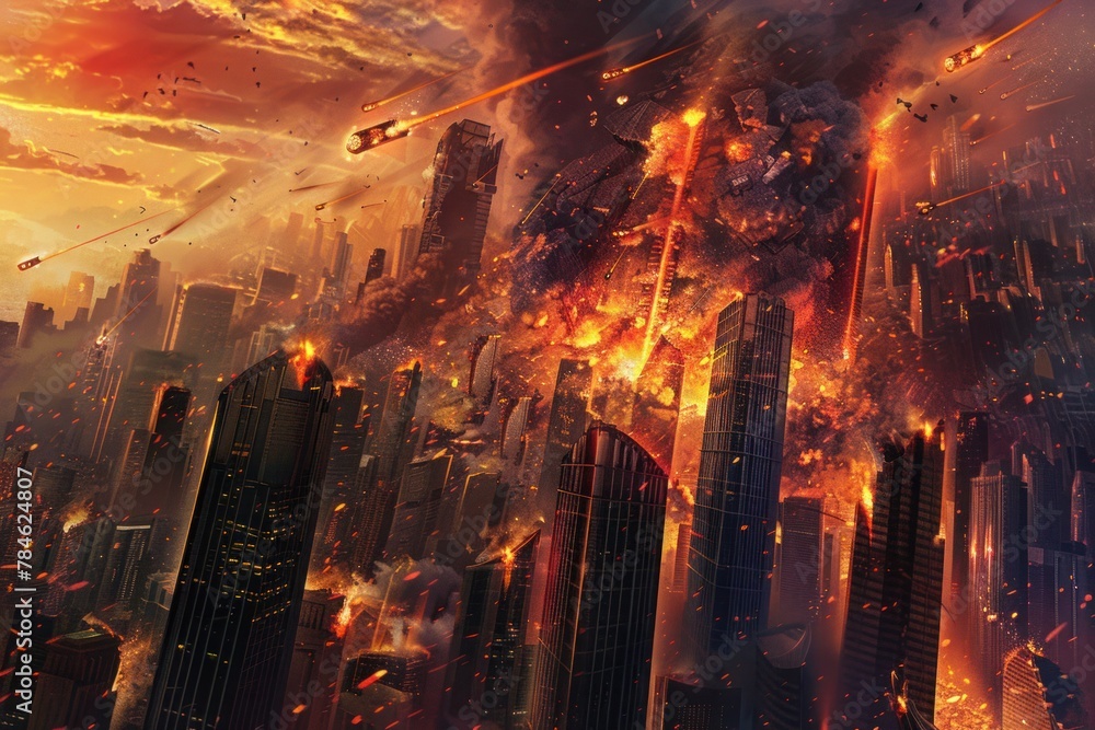 Burning comets and meteors streak across the sky, hurtling towards Earth with fiery intensity, illuminating the darkness of space Burning comets and meteors streak across the sky, hurtling towards Earth with fiery intensity, illuminating the darkness of space