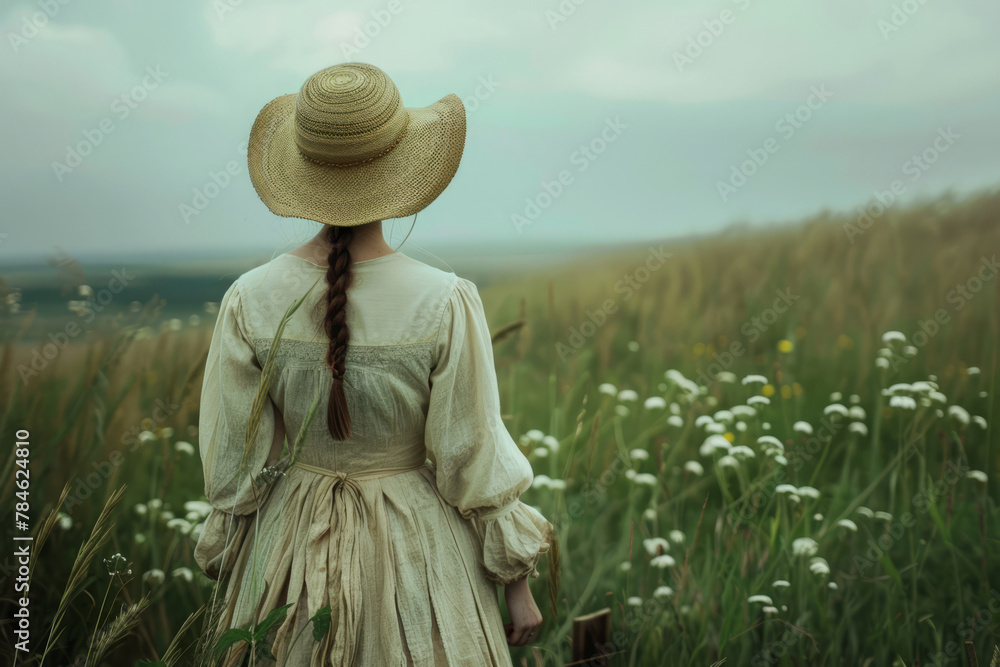 Woman dressed in Victorian attire standing in field under dramatic sky