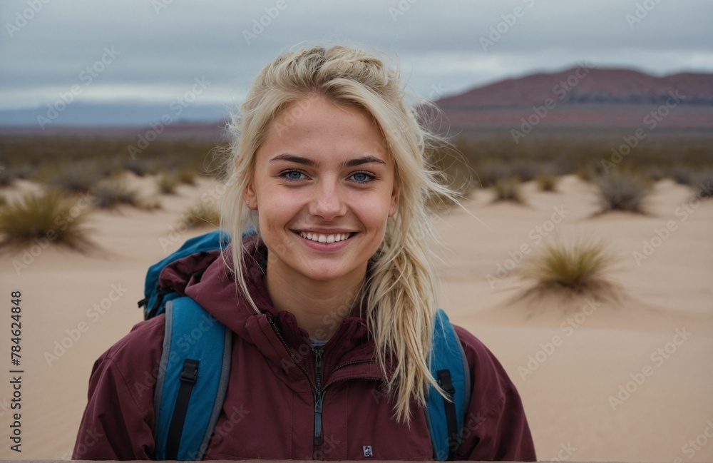 White Sands Backpacker Wearing Burgundy Jacket - White Sands in the Winter - Desert Landscape White Sands Backpacker Wearing Burgundy Jacket - White Sands in the Winter - Desert Landscape