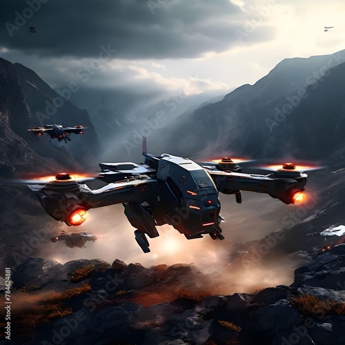 A squadron of futuristic drones engaging firing enemy targets photo