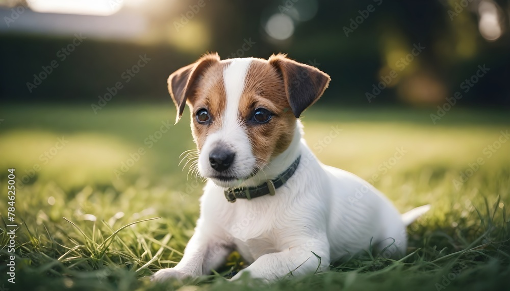 Jack russell terrier puppy is laying in the grass with the sun behind him Jack russell terrier puppy is laying in the grass with the sun behind him