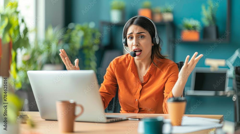 Woman wearing headphones and an orange shirt is sitting at a desk with a laptop in front of her. She is upset or angry, possibly due to a work-related issue Woman wearing headphones and an orange shirt is sitting at a desk with a laptop in front of her. She is upset or angry, possibly due to a work-related issue