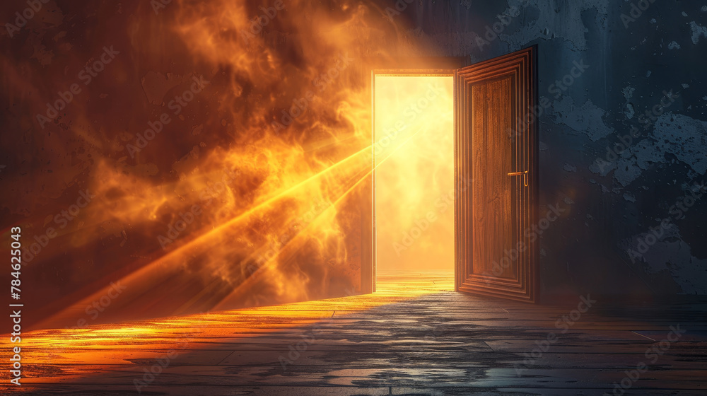 Door is open in a dark room with a bright light shining through it. The light is coming from the sun, which is shining through the door