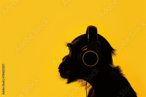 Silhouette of monkey with headphones against vibrant yellow backdrop. Creative music background.