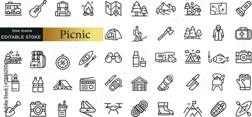 Summer Outdoor Recreation and Picnic vector line icon set. Contains linear outline icons like Campfire, Table, Camping, Grill, Food, Bbq, Hamburger, Blanket, Drink, Hiking. Editable use and stroke