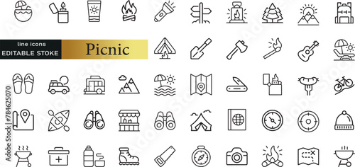 Summer Outdoor Recreation and Picnic vector line icon set. Contains linear outline icons like Campfire, Table, Camping, Grill, Food, Bbq, Hamburger, Blanket, Drink, Hiking. Editable use and stroke