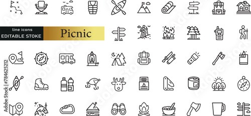 Summer Outdoor Recreation and Picnic vector line icon set. Contains linear outline icons like Campfire, Table, Camping, Grill, Food, Bbq, Hamburger, Blanket, Drink, Hiking. Editable use and stroke photo