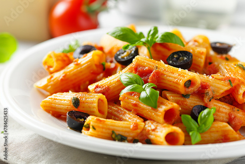 tasty traditional italian rigatoni pasta alla puttanesca on a white plate, noodles from italy with olives, red pesto sauce and tomatoes photo