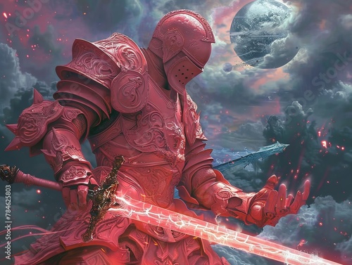 A celestial warrior clad in armor of coral color, his sword crackling with elixir energy as he prepares to do battle with cosmic forces