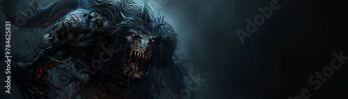 A chilling depiction of a nightmarish chimera, its monstrous form wreathed in shadow against a backdrop of inky blackness